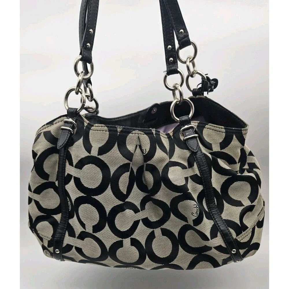 Coach Signature Black Gray Logo Shoulder Bag w/ Silver Hardware Purple Interior
